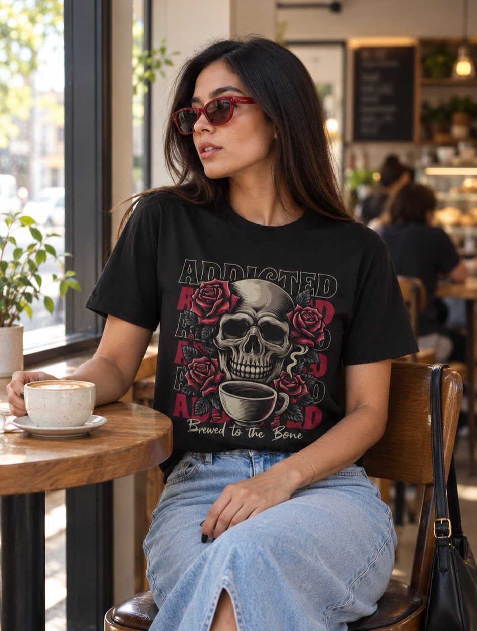 Woman in a black graphic t-shirt and denim skirt sitting at a cafe table.