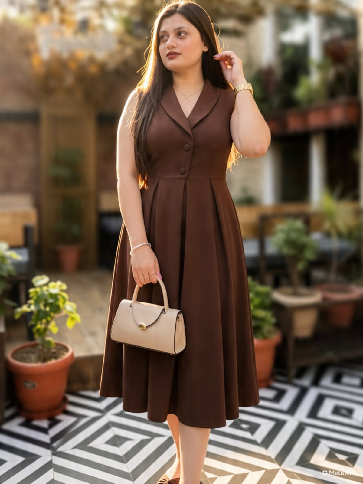 Woman in a brown sleeveless midi dress holding a cream handbag on a geometric floor.