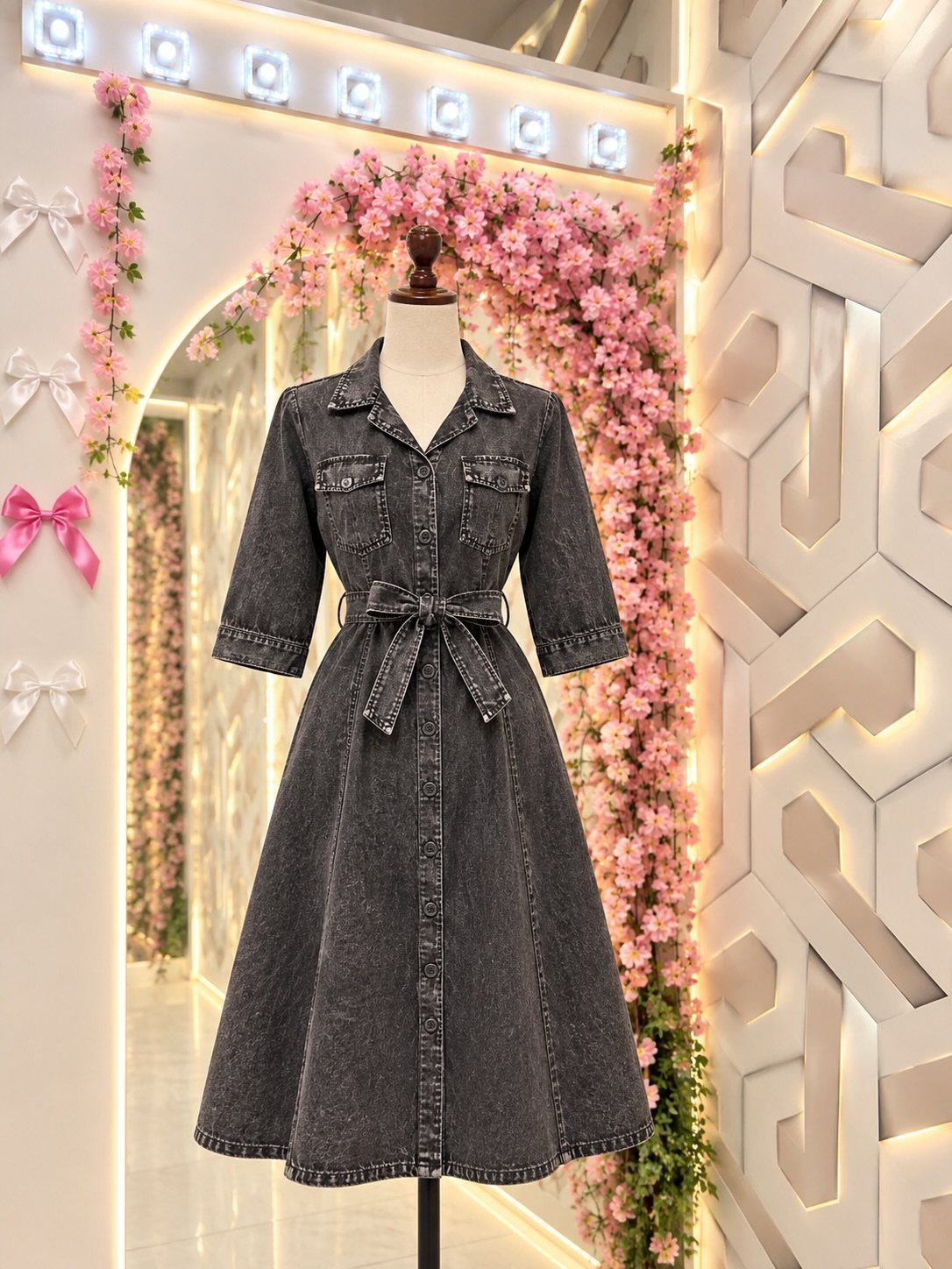 Dark grey denim midi dress with a waist tie displayed on a mannequin among pink flowers.