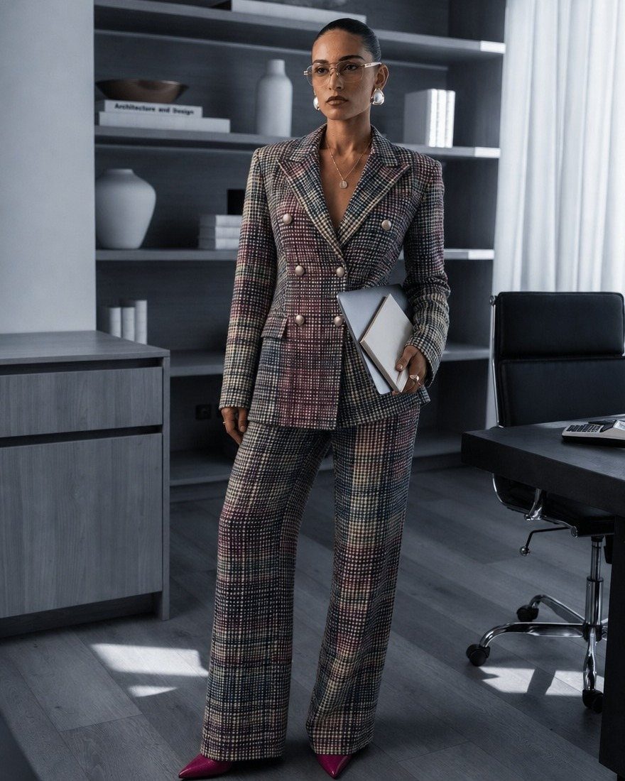 Woman in a multi-colored plaid flared power suit standing in a modern office setting.