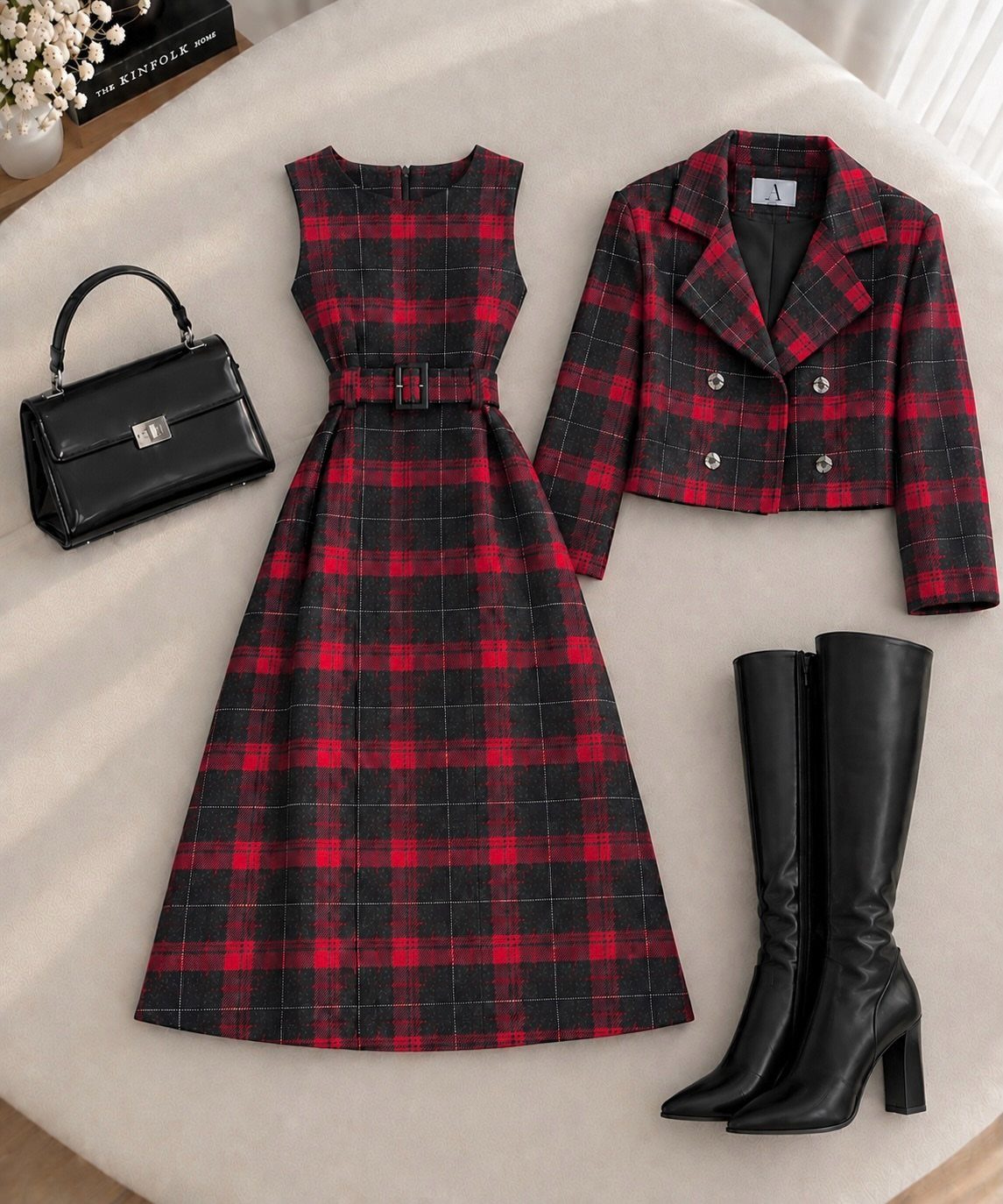 Red and black plaid sleeveless dress and matching cropped blazer with black accessories.