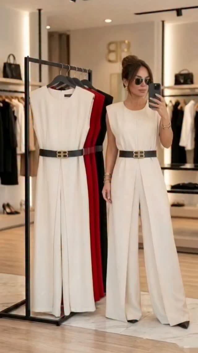 Woman in a beige sleeveless wide-leg jumpsuit taking a mirror selfie in a boutique.