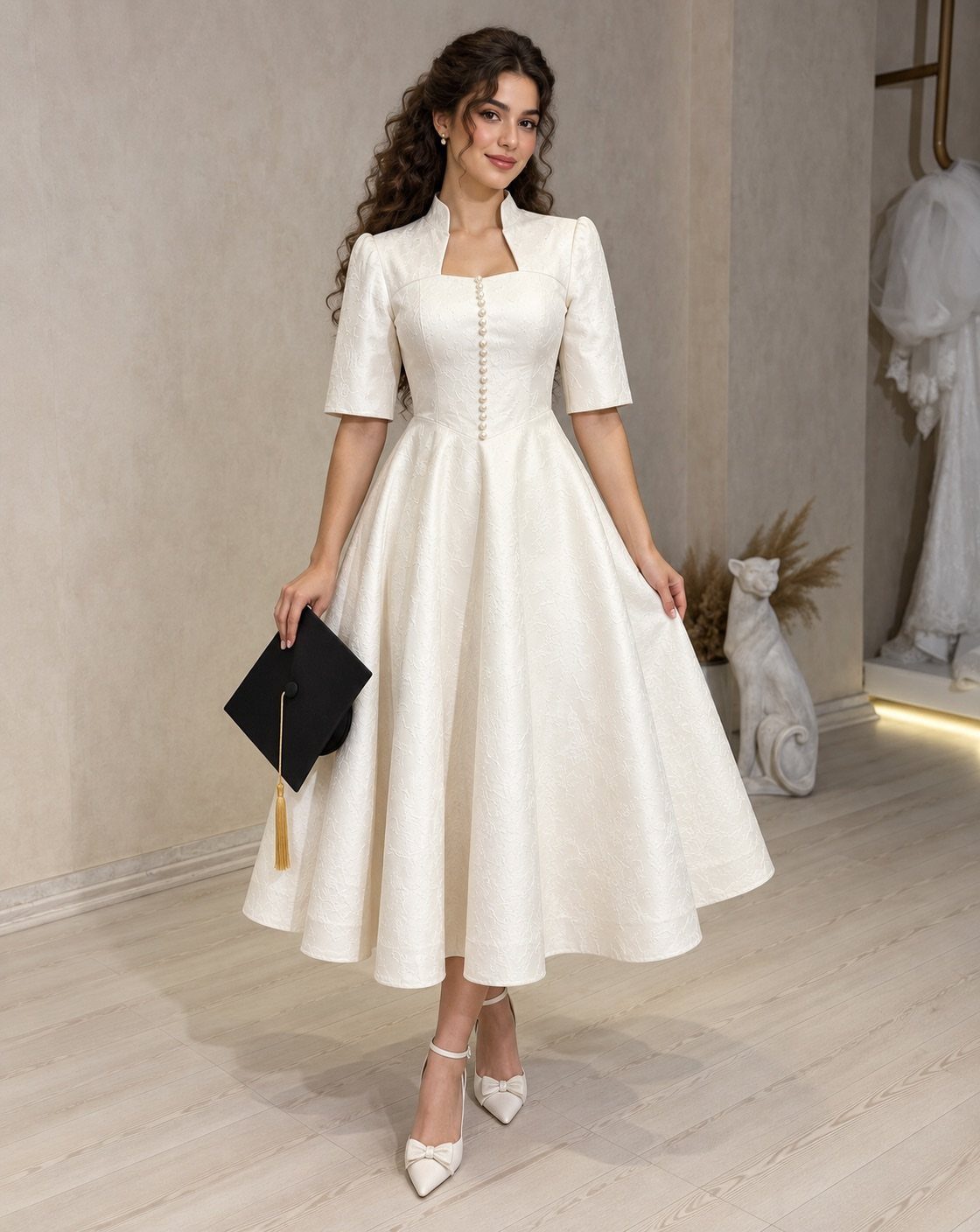 Woman in a cream square-neck midi dress holding a black graduation cap.