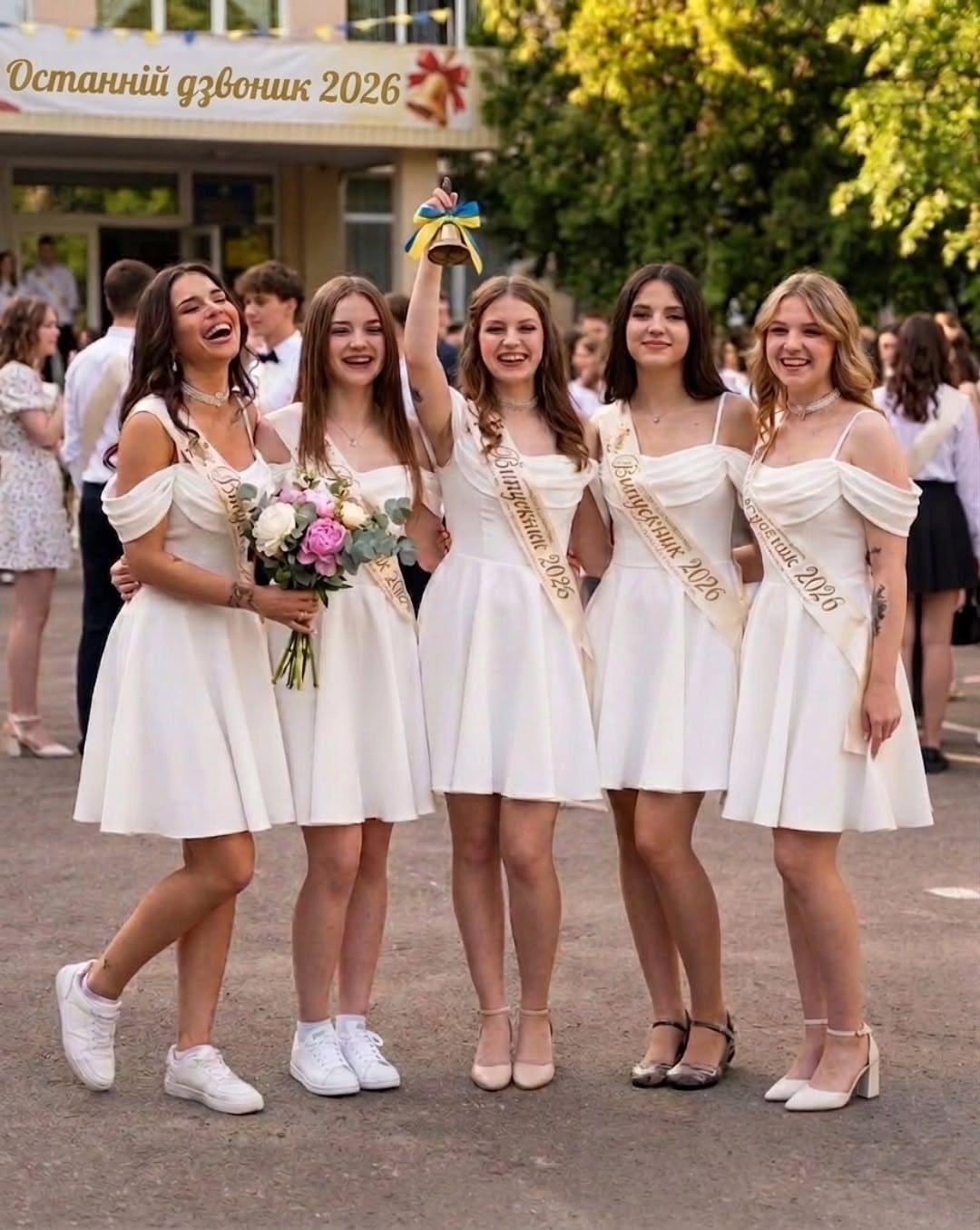 Five young women in white off-the-shoulder dresses posing together outdoors while wearing graduation sashes.