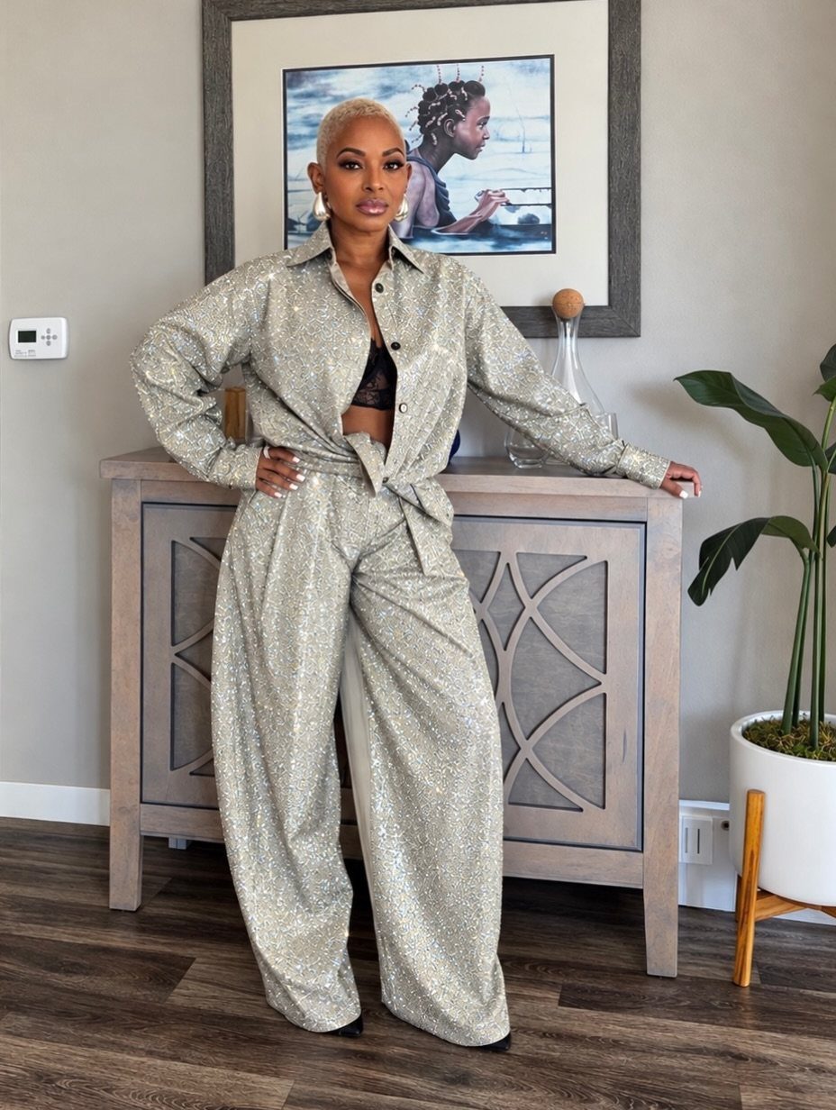 A woman wearing a sparkling silver metallic long-sleeved shirt and matching wide-leg trousers.