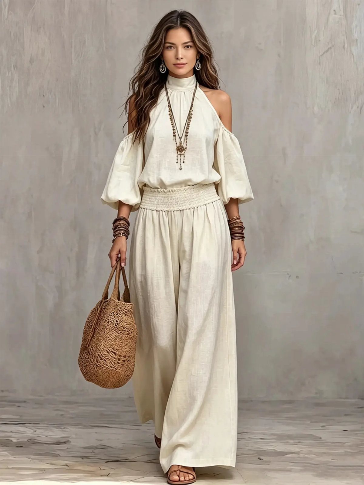 A woman in cream wide-leg trousers and a halter top holding a large woven raffia bag.