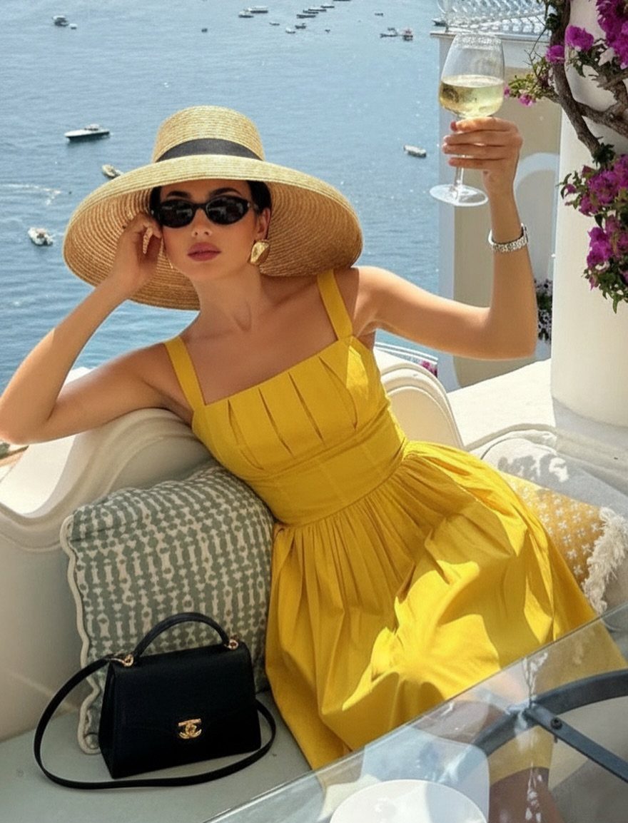 Woman wearing a yellow sundress and straw hat sitting on a terrace overlooking the ocean.