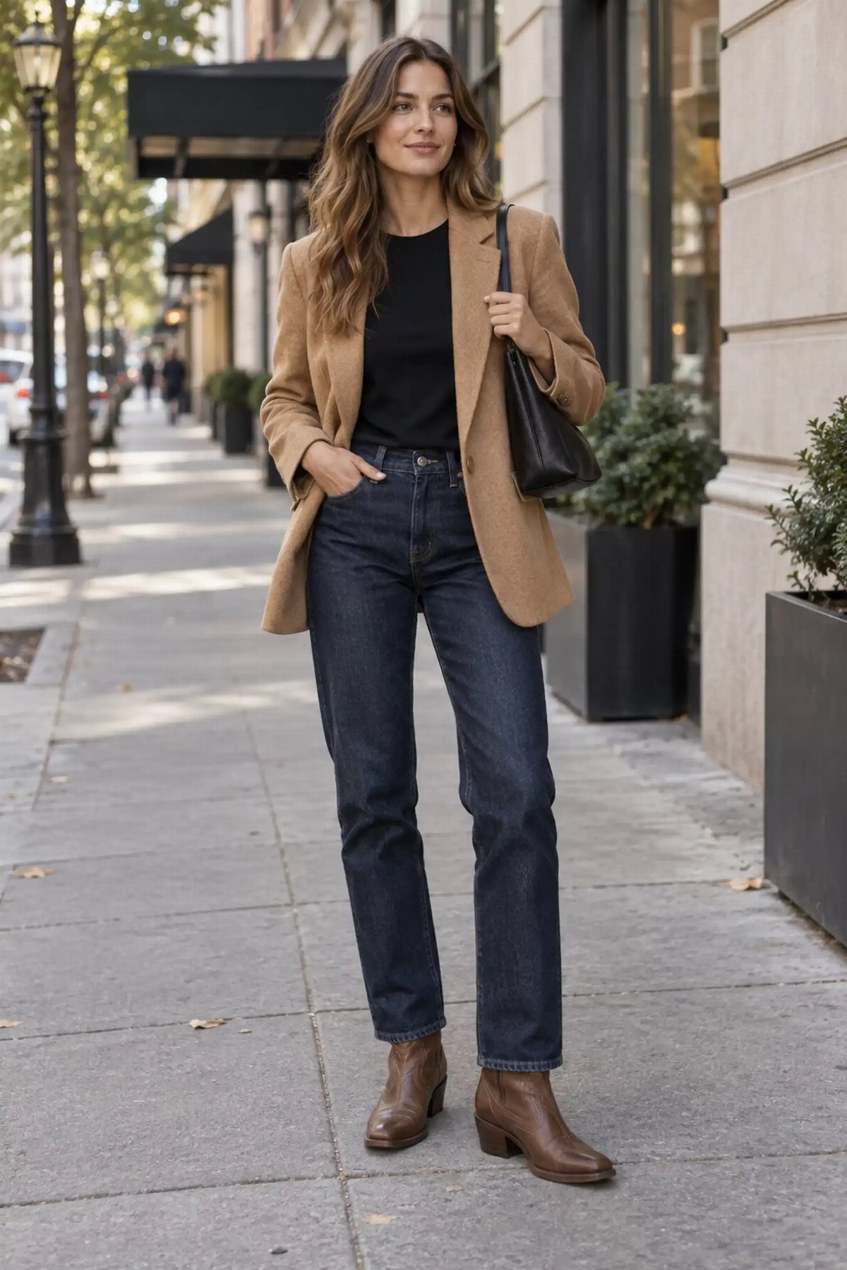 Woman wearing a tan blazer, black top, dark jeans, and brown Chelsea boots on a city street.