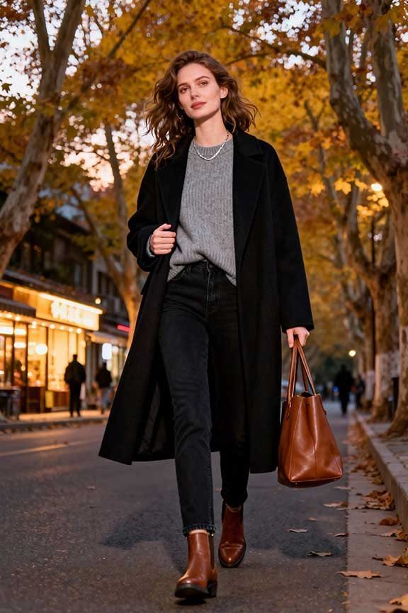 Woman walking down a tree-lined street wearing a long black coat and brown Chelsea boots.