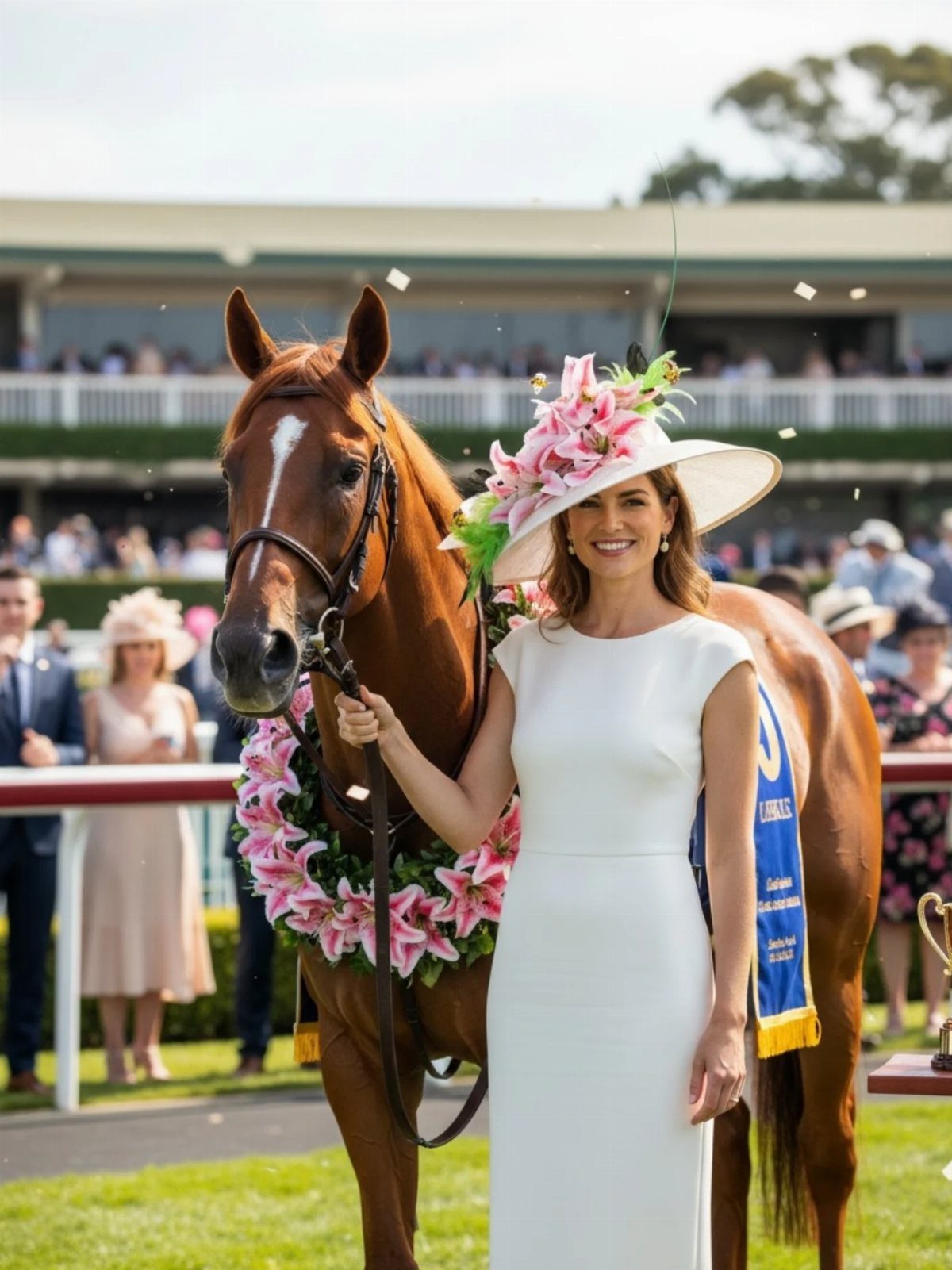 A woman in a white dress and floral hat stands beside a brown horse with a flower wreath.