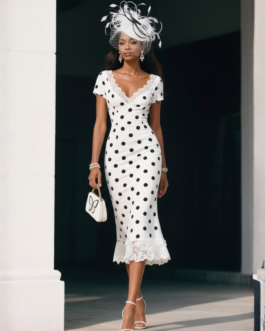 Woman in a white polka dot dress and elegant fascinator posing outdoors.
