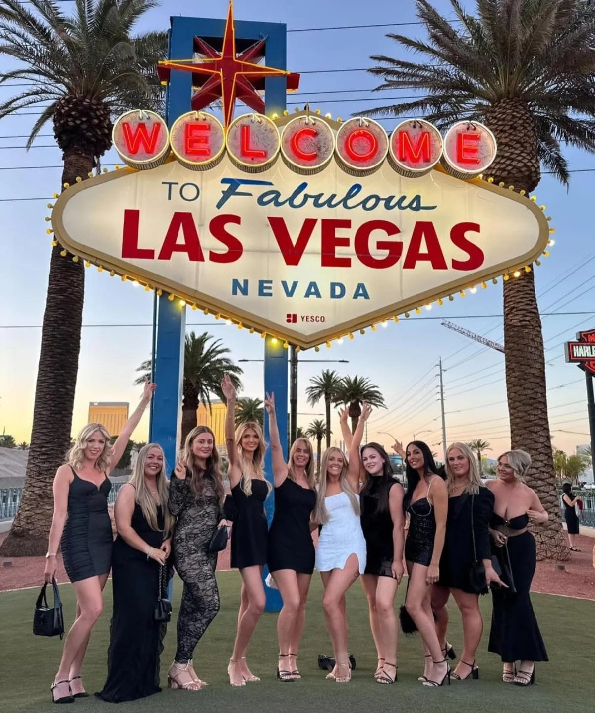 Ten women in coordinated black and white dresses posing in front of the Las Vegas sign.