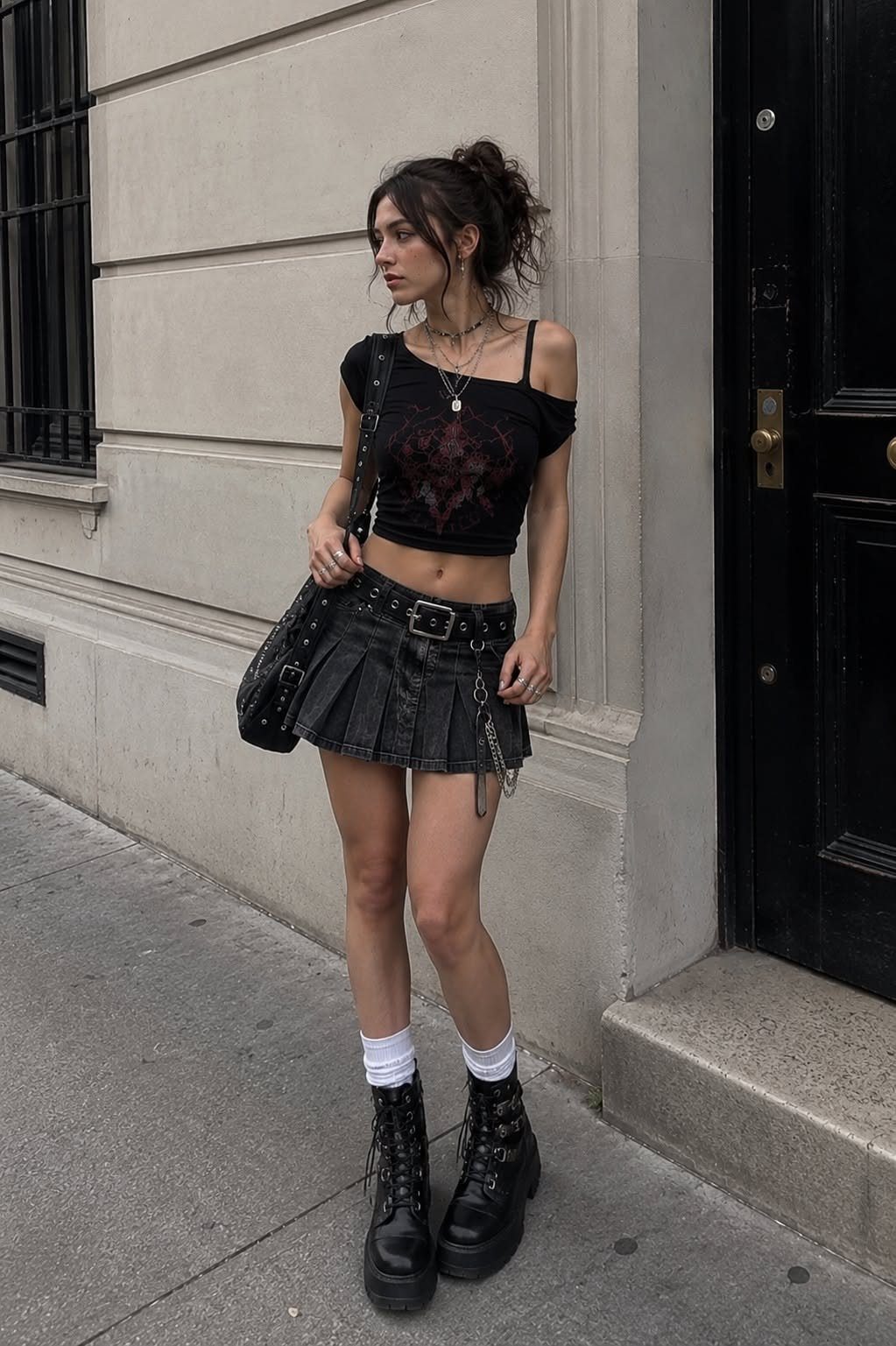 A young woman posing in a black crop top, pleated skirt, and black combat boots.