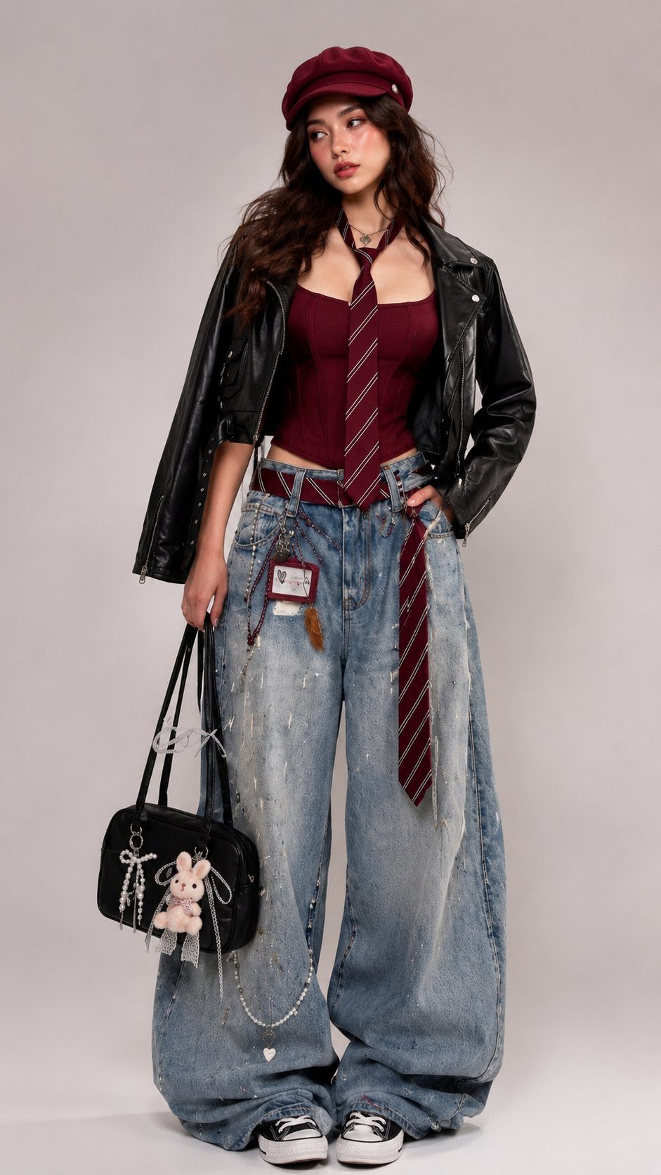 Woman wearing light wash distressed wide-leg jeans, a maroon corset, and a black leather jacket.
