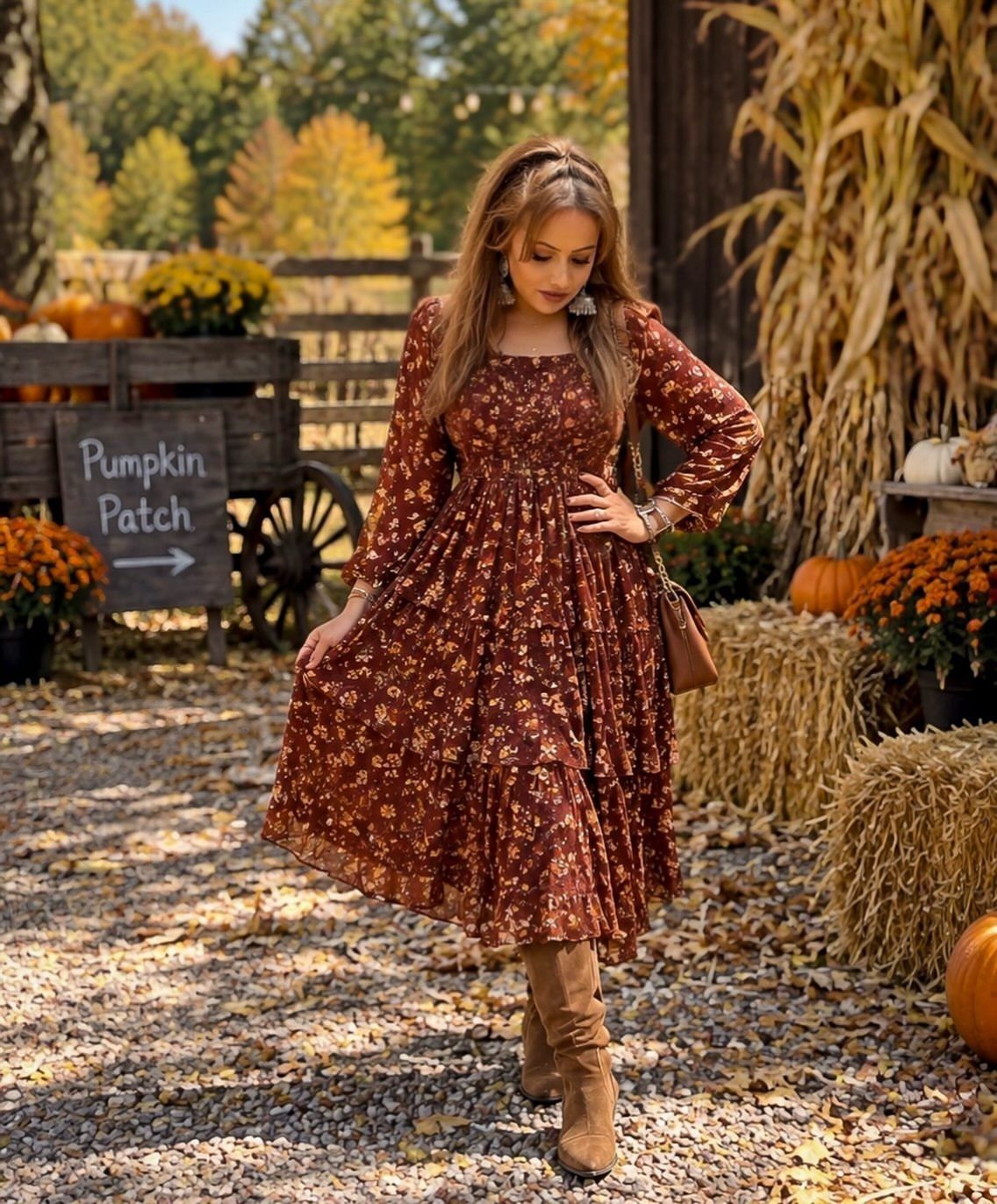 Woman wearing a brown floral midi dress and brown suede boots standing in a pumpkin patch.