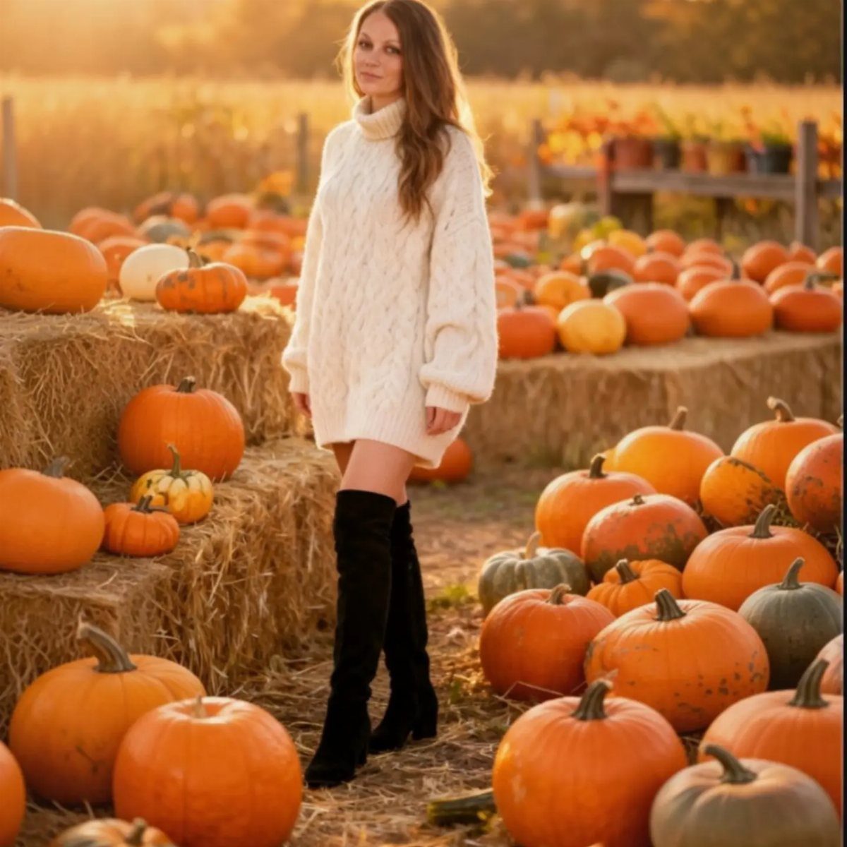 Woman in a white cable-knit sweater dress and black boots standing in a pumpkin patch.