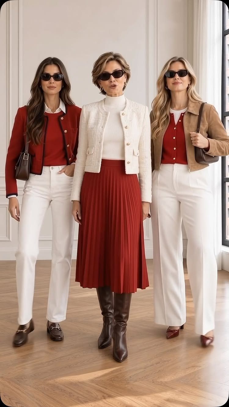 Three women walking in stylishly coordinated smart casual outfits featuring jackets, trousers, and a pleated skirt.