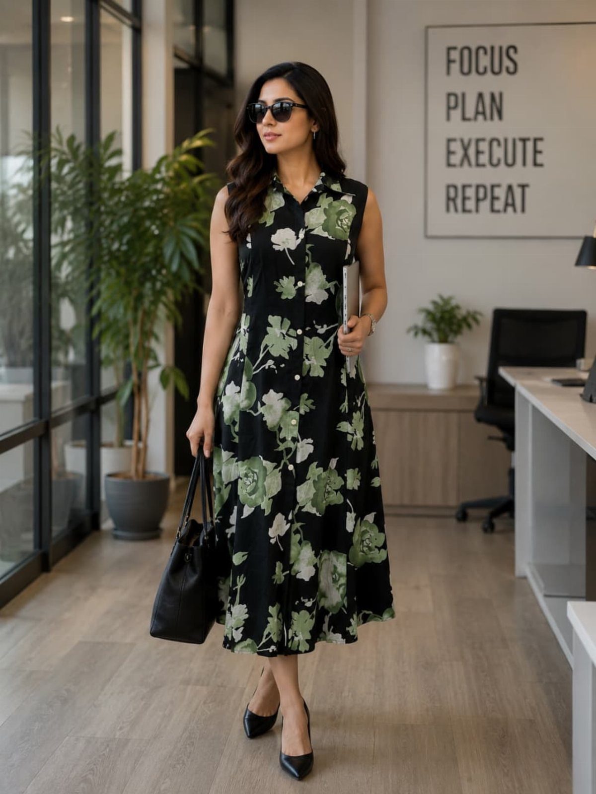 Woman in a black floral midi dress and black heels walking through a bright modern office.