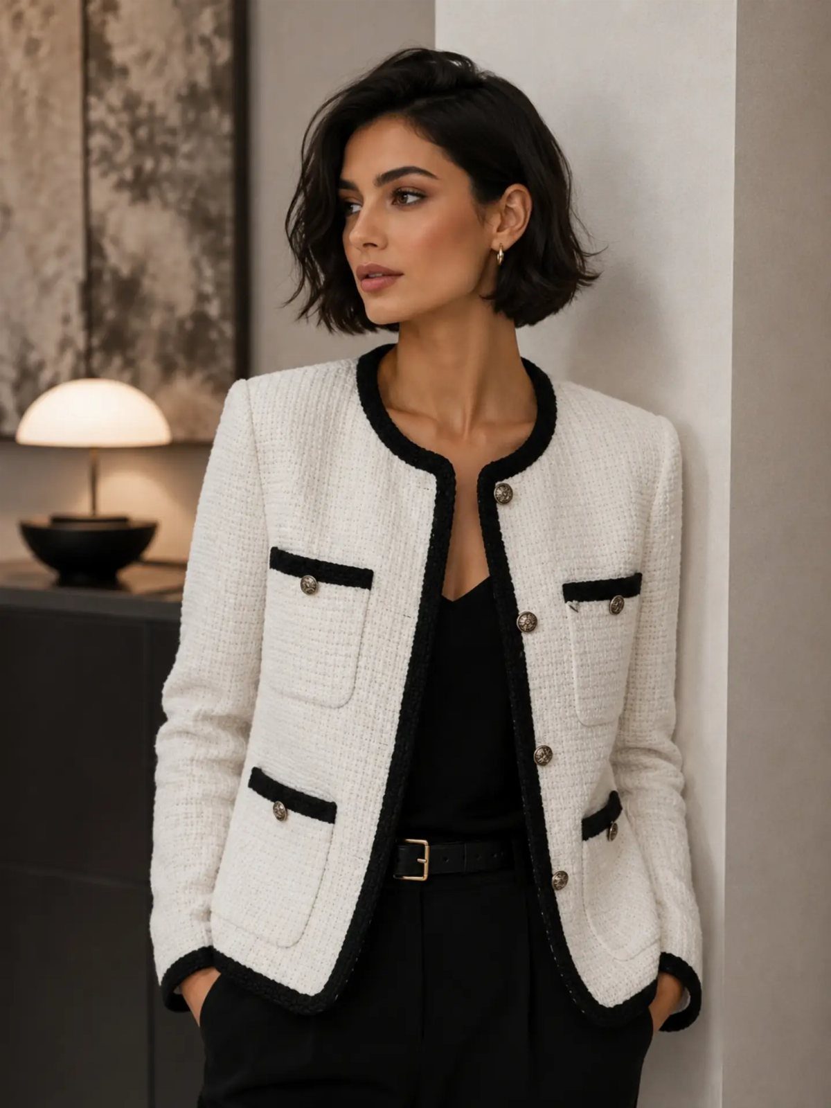 Woman wearing a white tweed jacket with black trim and black trousers standing indoors.