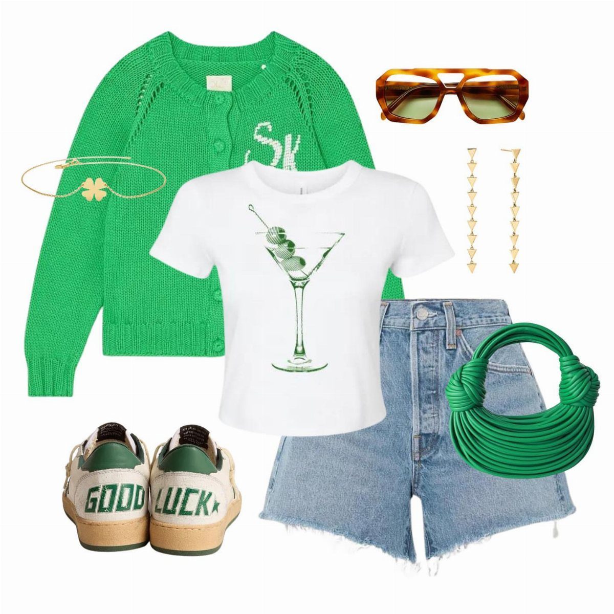 Green cardigan, white graphic tee, denim shorts, and green accessories arranged on a white background.