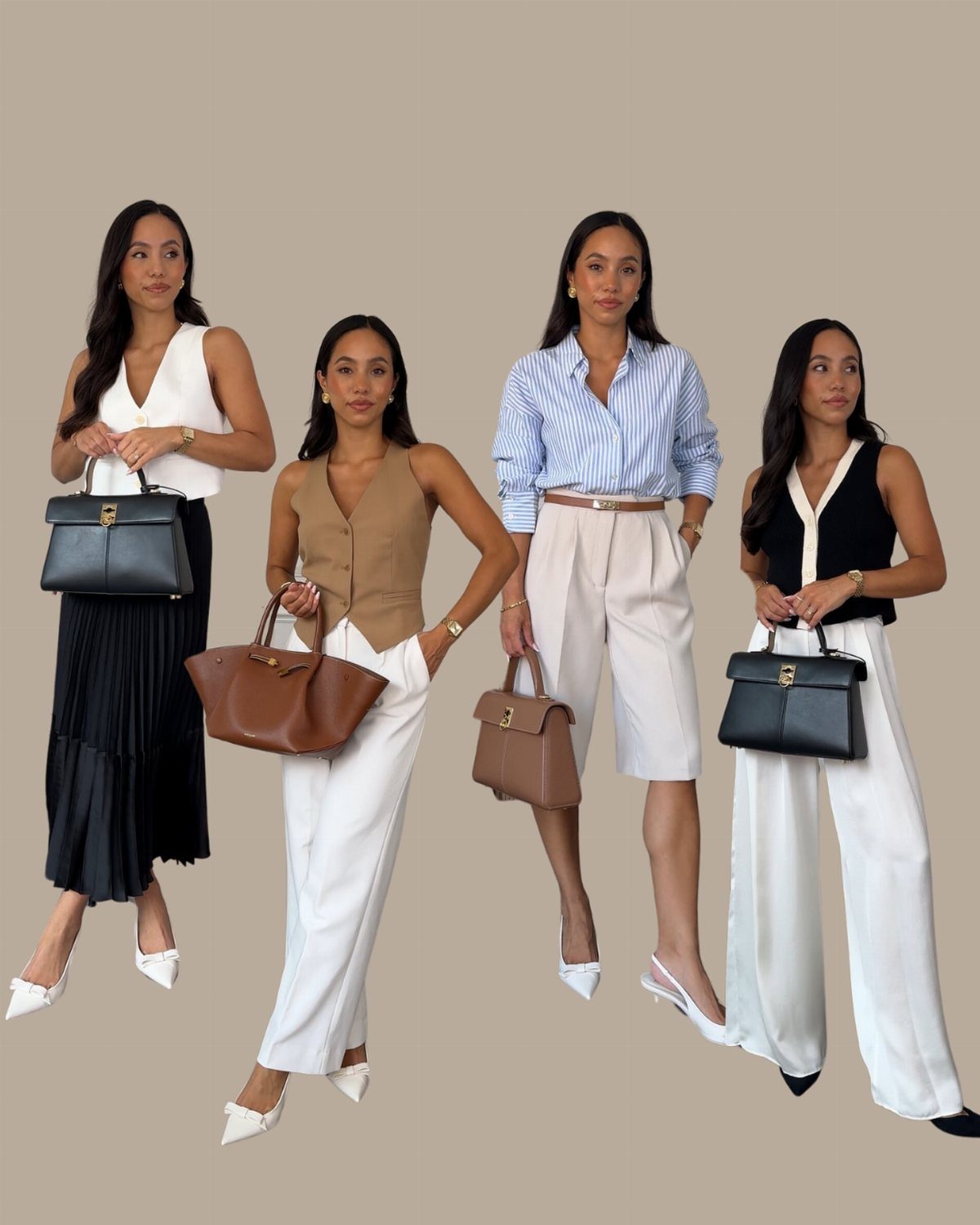 Four women posing in various professional summer outfits with handbags and heels against a beige background.
