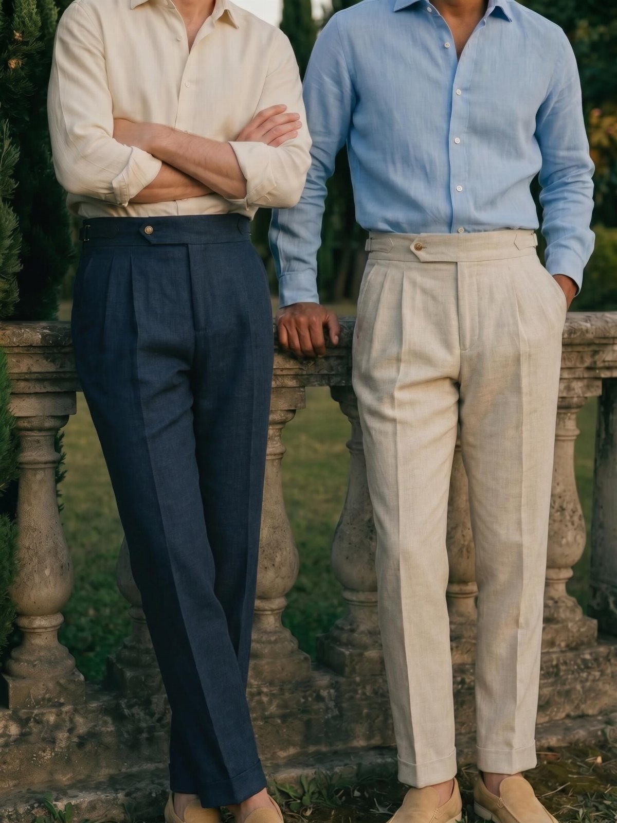Two men wearing pleated linen trousers and linen shirts standing by a stone railing.