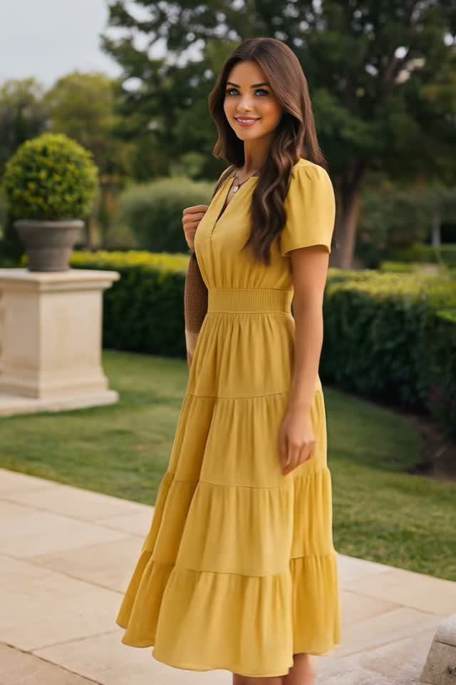 A woman in a mustard yellow tiered midi dress standing in a lush green garden.