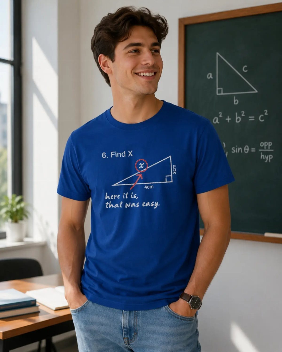 Smiling man wearing a blue graphic t-shirt with math diagrams standing near a chalkboard.