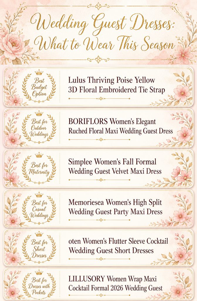 An infographic comparing different wedding guest dresses with product details
