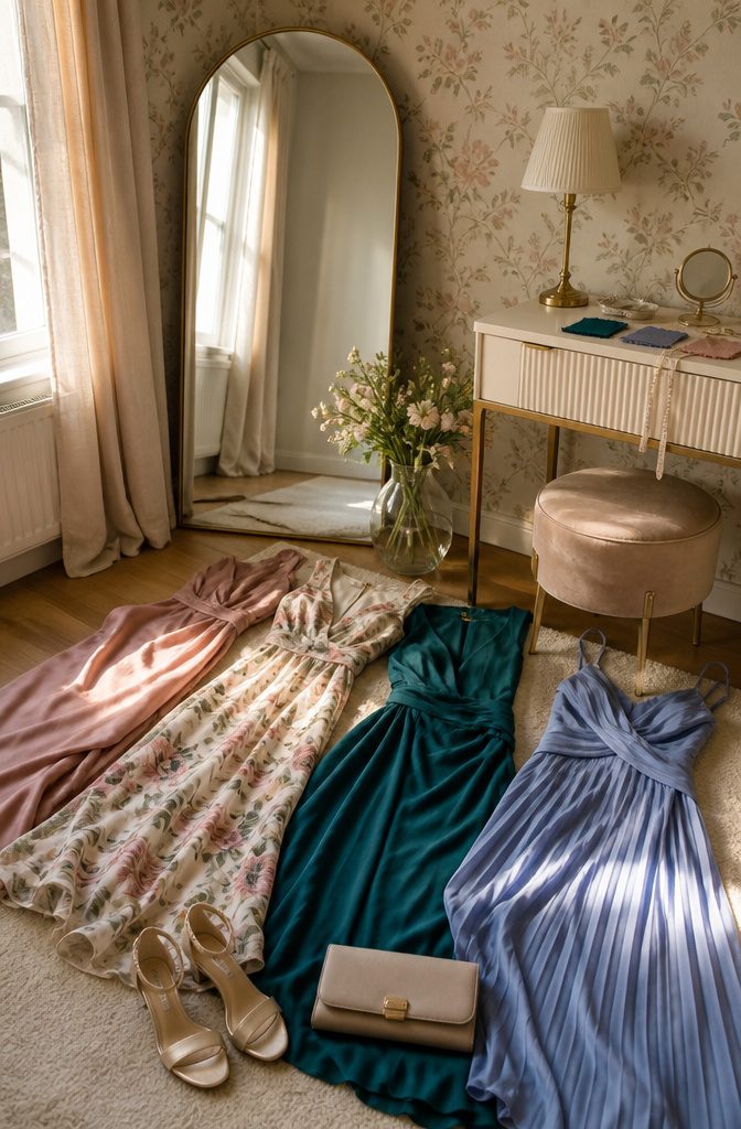 A dressing room with various wedding guest dresses hanging on a rack