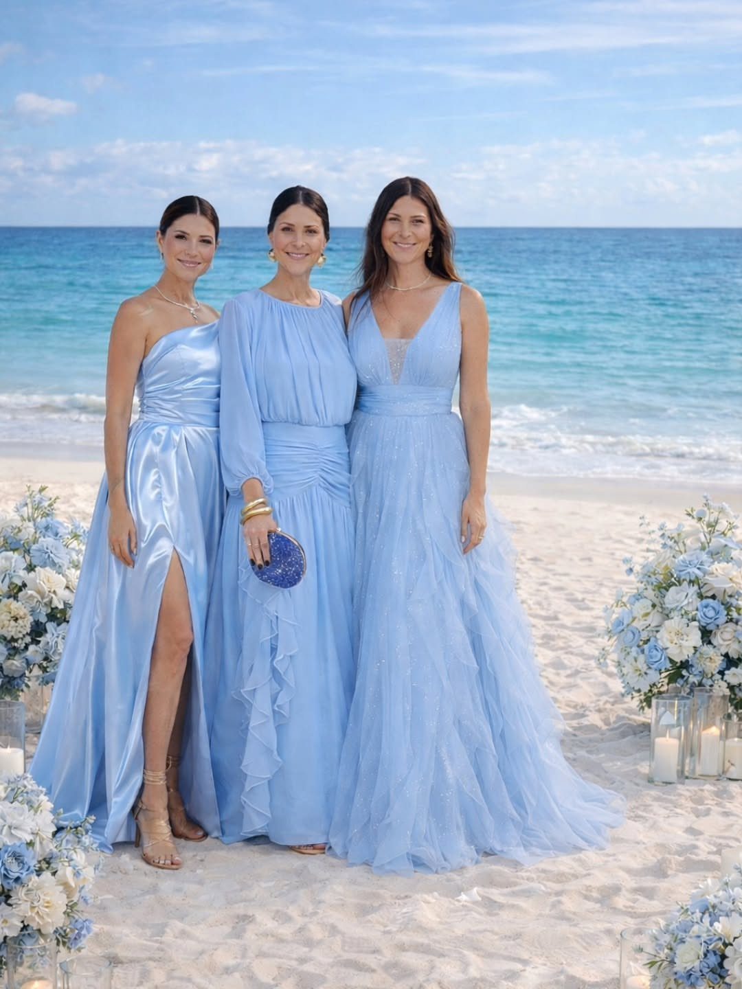 Three women posing on a beach wearing elegant, long light blue maxi dresses.