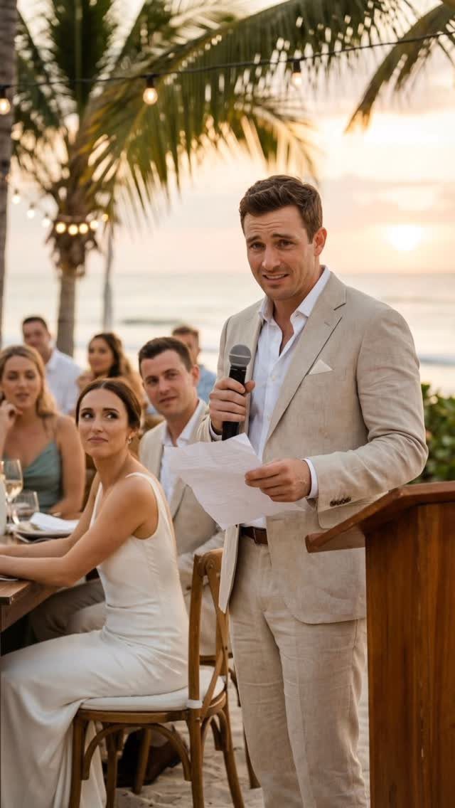 Man in a beige linen suit giving a speech at a beach wedding reception during sunset.