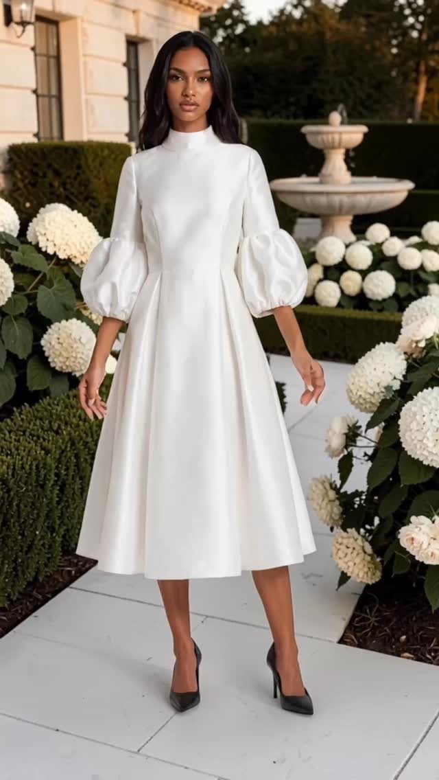 Woman in a white midi dress with puff sleeves standing among white hydrangeas.