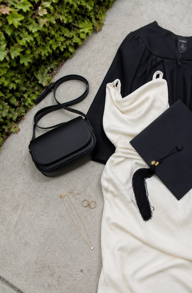 A black bag and jewelry laid out near a graduation outfit.