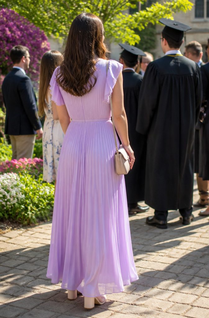 A guest wearing a lavender dress in a vibrant campus setting.