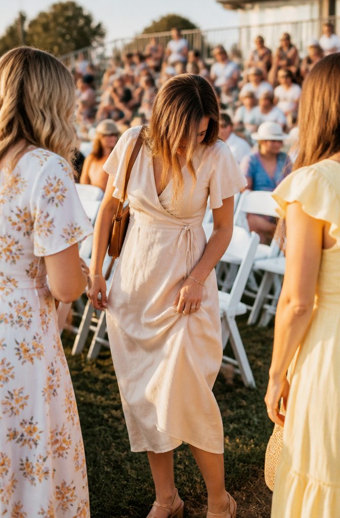 A guest in a linen dress stands among friends at a graduation.