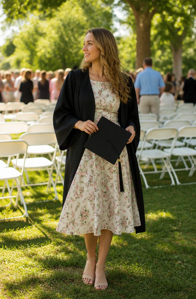 A graduate in a floral midi dress stands in a sunlit outdoor venue.