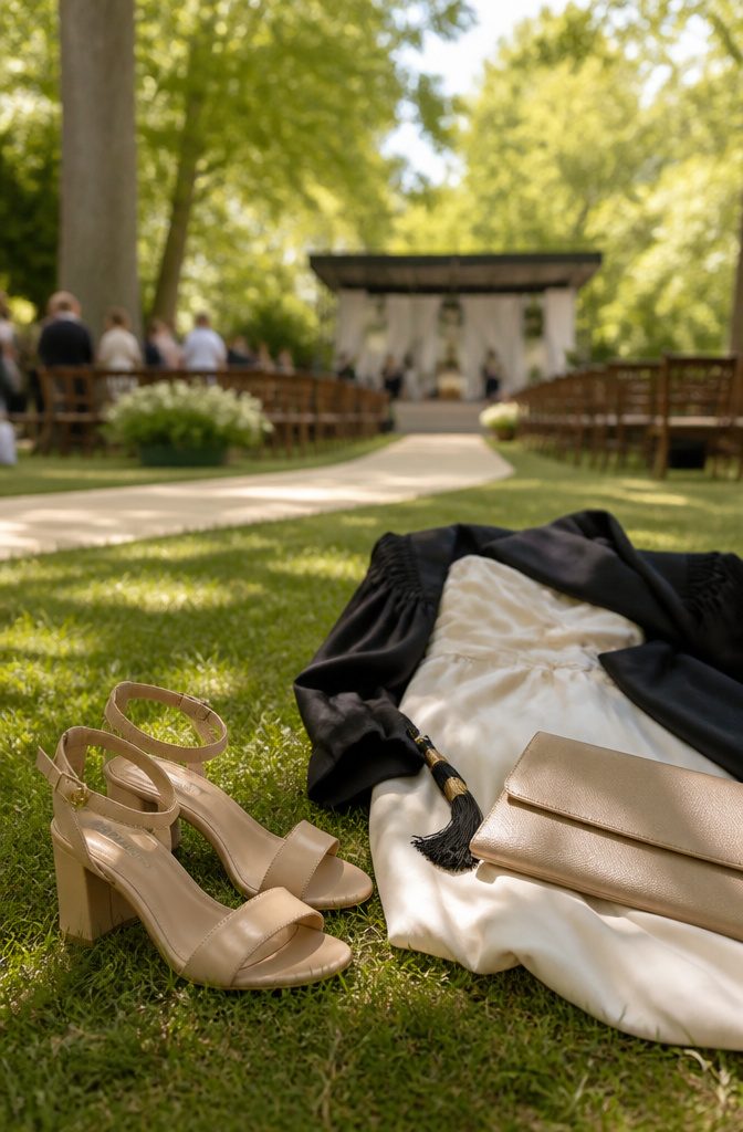 A pair of block-heel sandals placed next to a graduation outfit on grass.