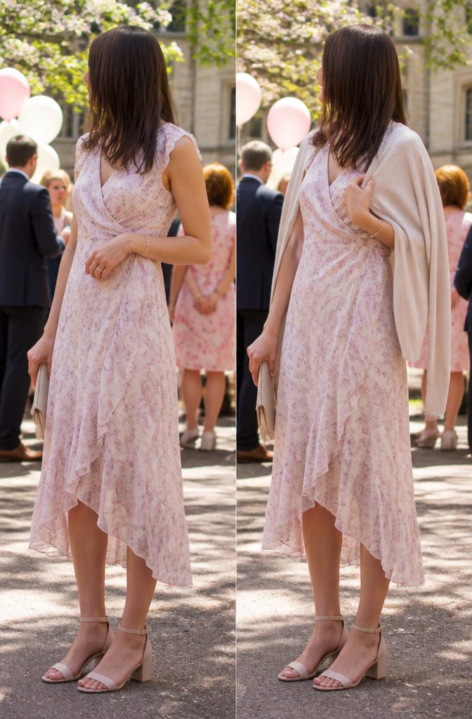 A sleeveless midi dress with a lightweight wrap shown in a sunny setting.