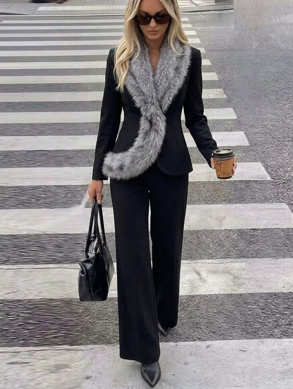 Woman in a black blazer with grey fur collar and black wide-leg trousers walking across a street.