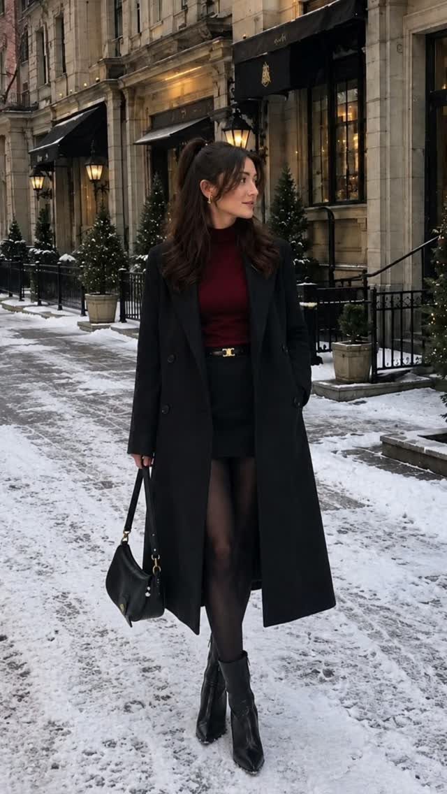 A woman in a black coat, burgundy turtleneck, and black skirt standing on a snowy street.