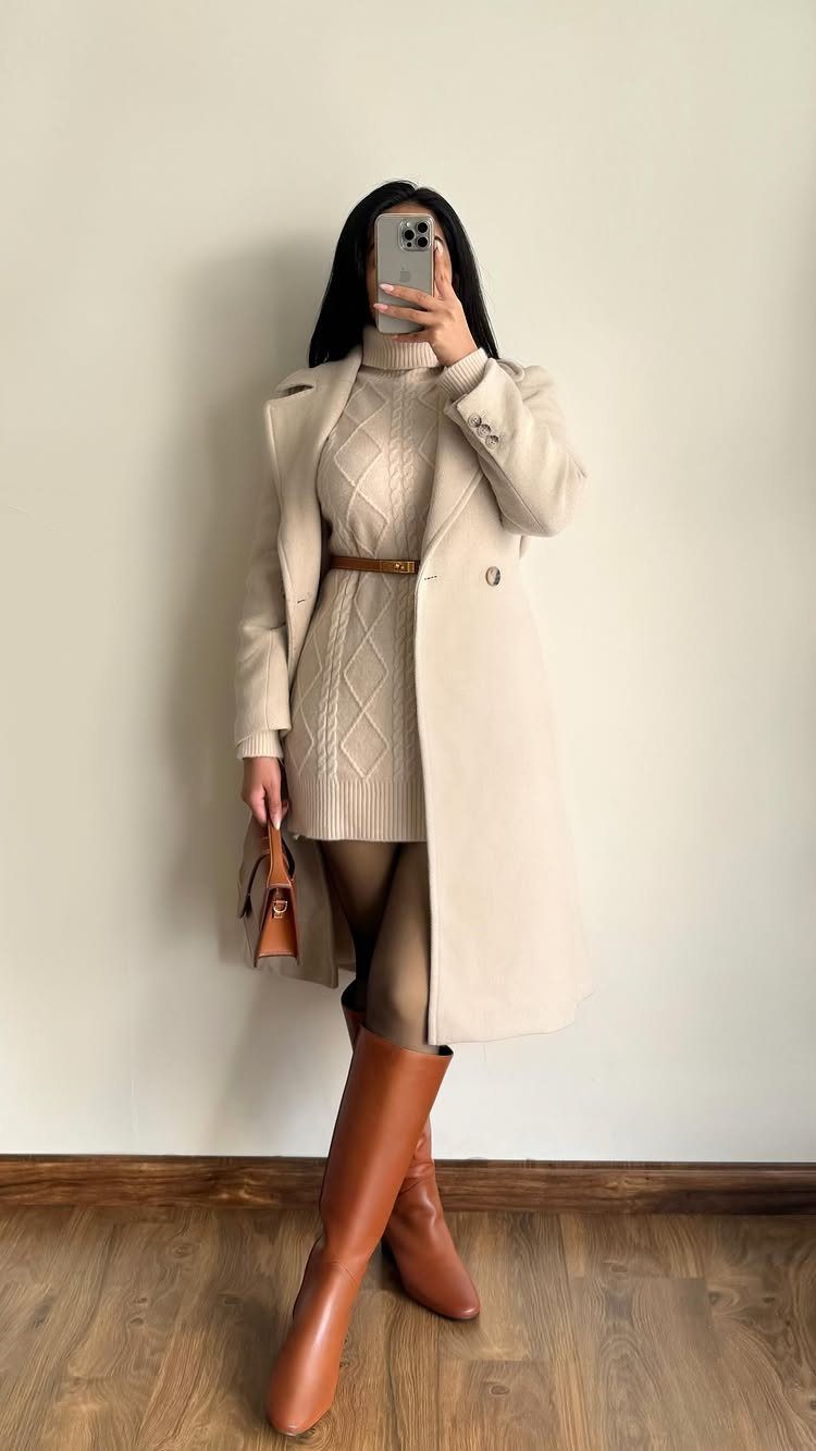 Woman wearing a cream cable-knit sweater dress, long coat, brown tights, and tall brown boots.