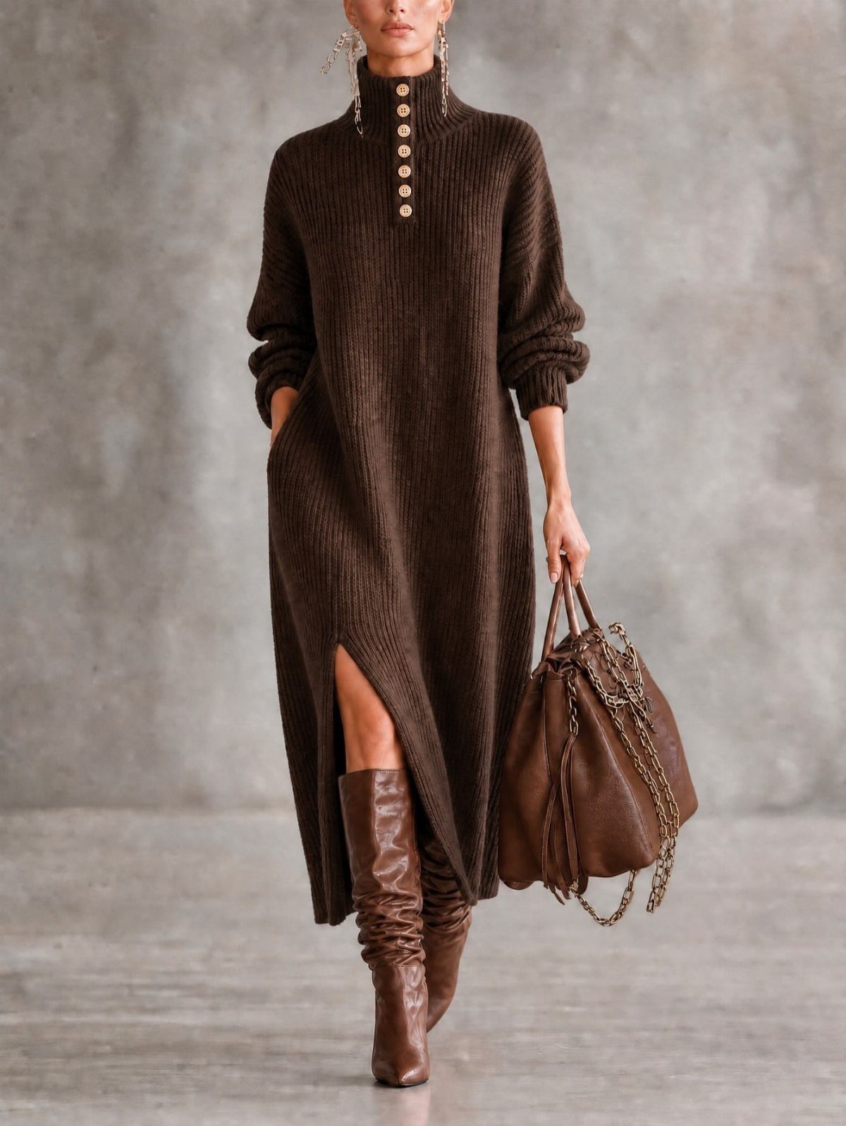 A person wearing a long brown ribbed sweater dress and tall leather boots.