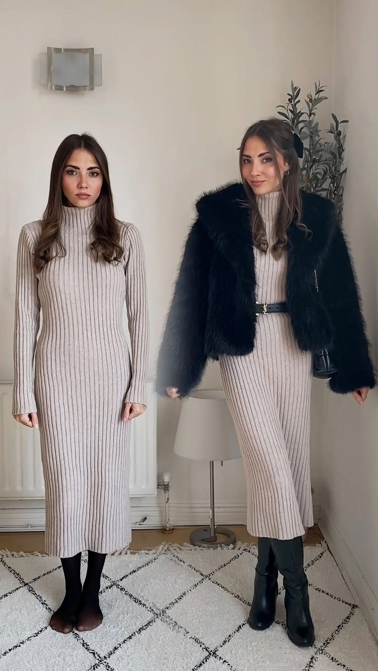 Two women posing in ribbed beige sweater dresses and black boots indoors.