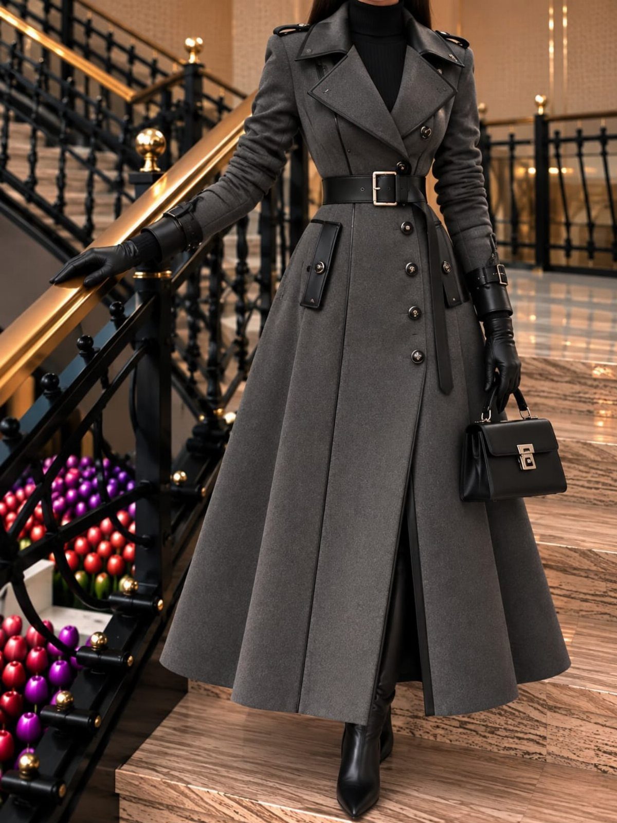 A person in a long grey tailored coat and black accessories standing on a staircase.