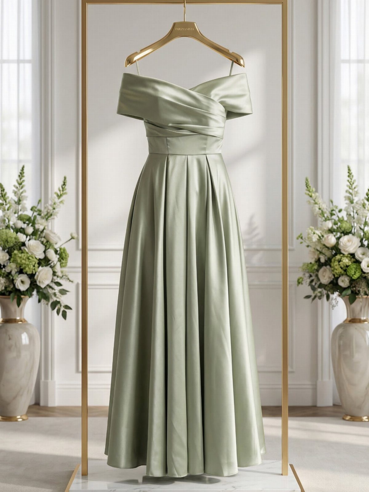 Sage green satin off-the-shoulder evening gown hanging on a gold frame between white floral arrangements.