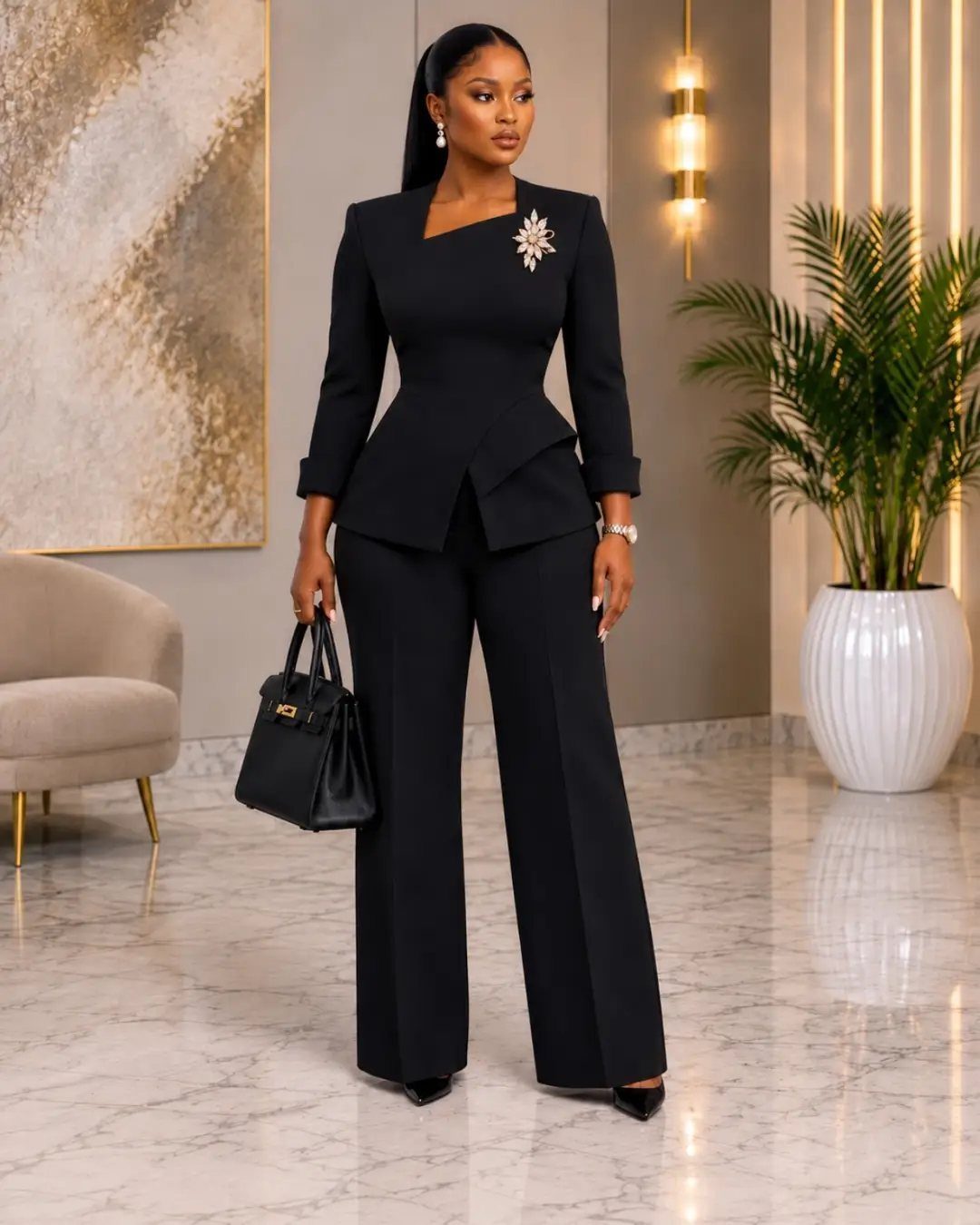Woman in a black structured blazer and wide-leg trousers with a large silver brooch.
