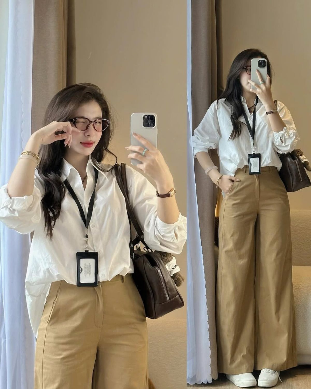 Woman in a white shirt and khaki wide-leg pants taking a mirror selfie.