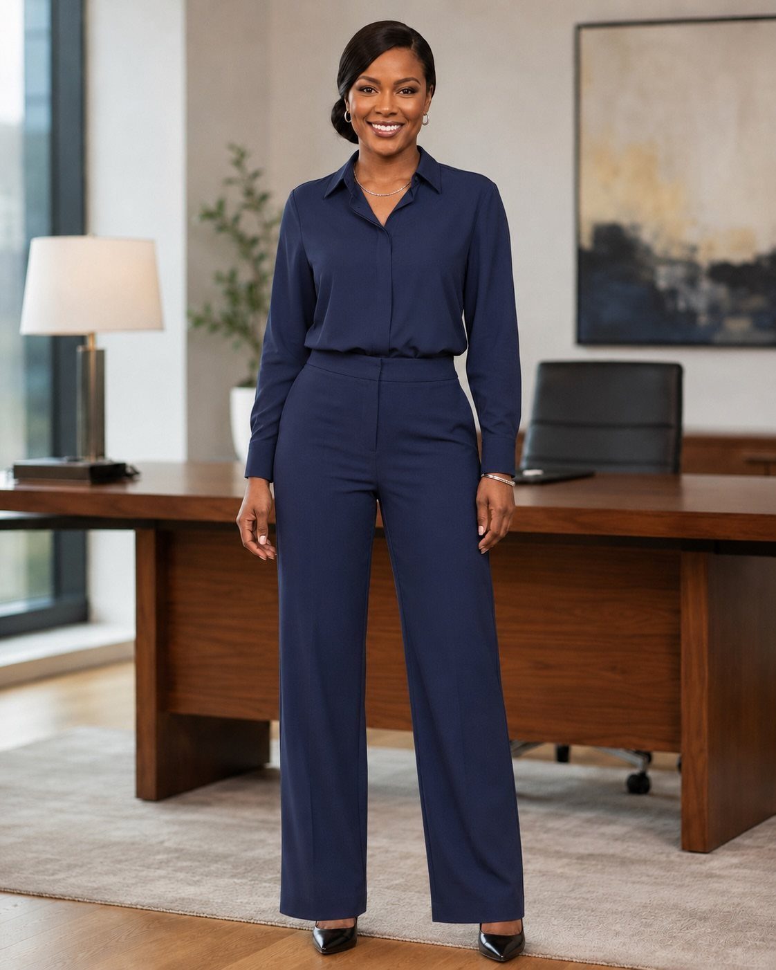 A woman wearing a navy blue button-down shirt and matching wide-leg trousers in an office.