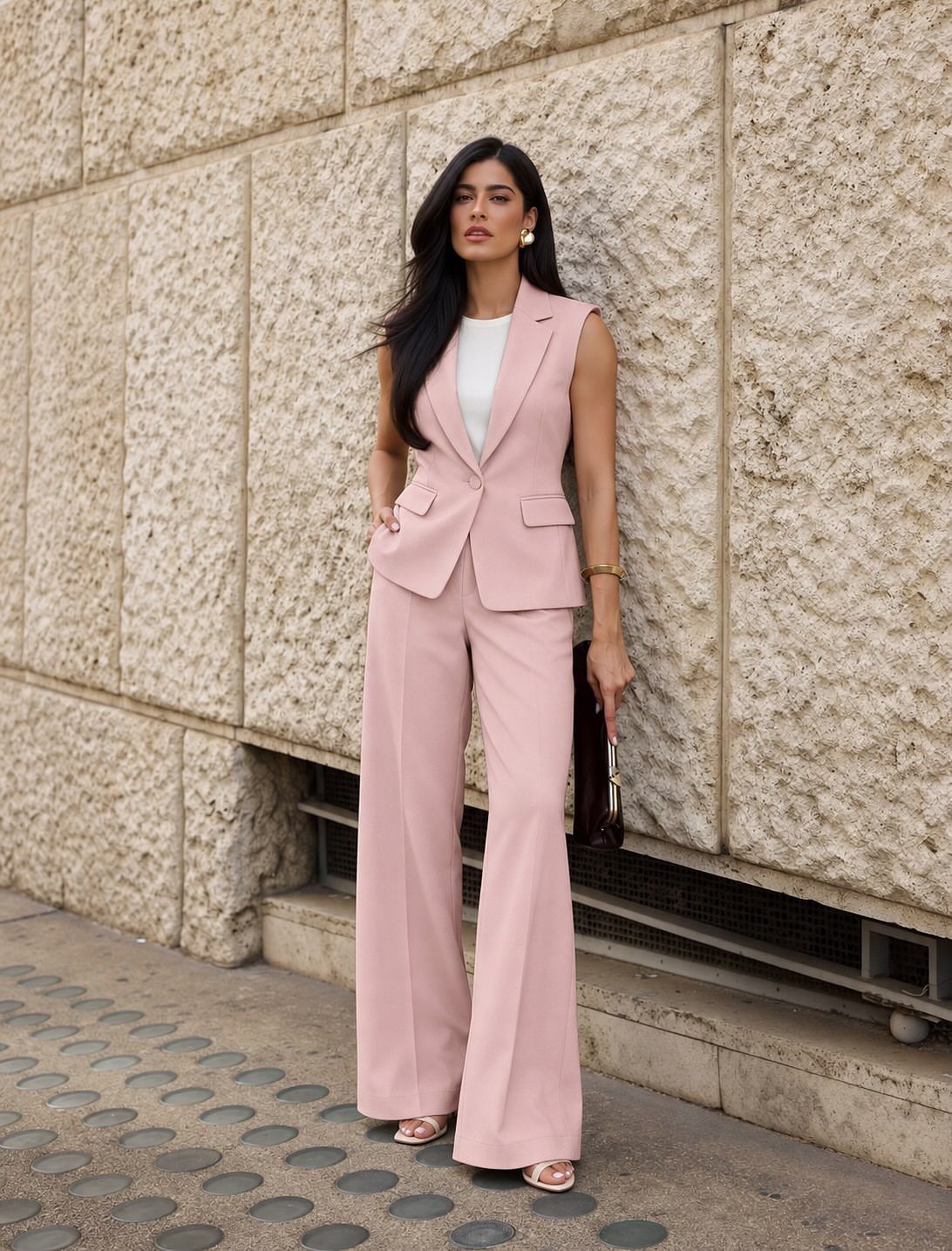 Woman in a pink tailored vest and matching wide leg trousers standing against a stone wall.